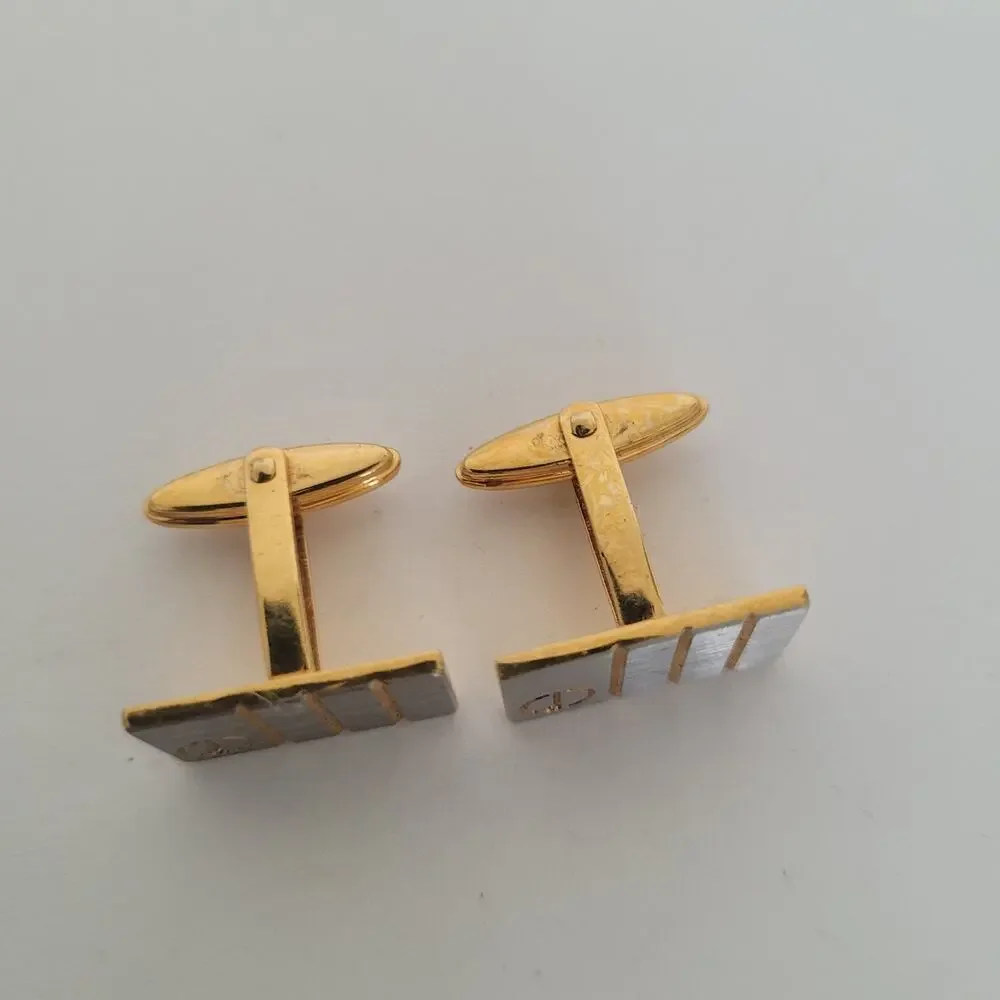 Dunhill D Cufflinks Silver Gold Tone Logo Rectangle Logo Retro Stripped Vintage